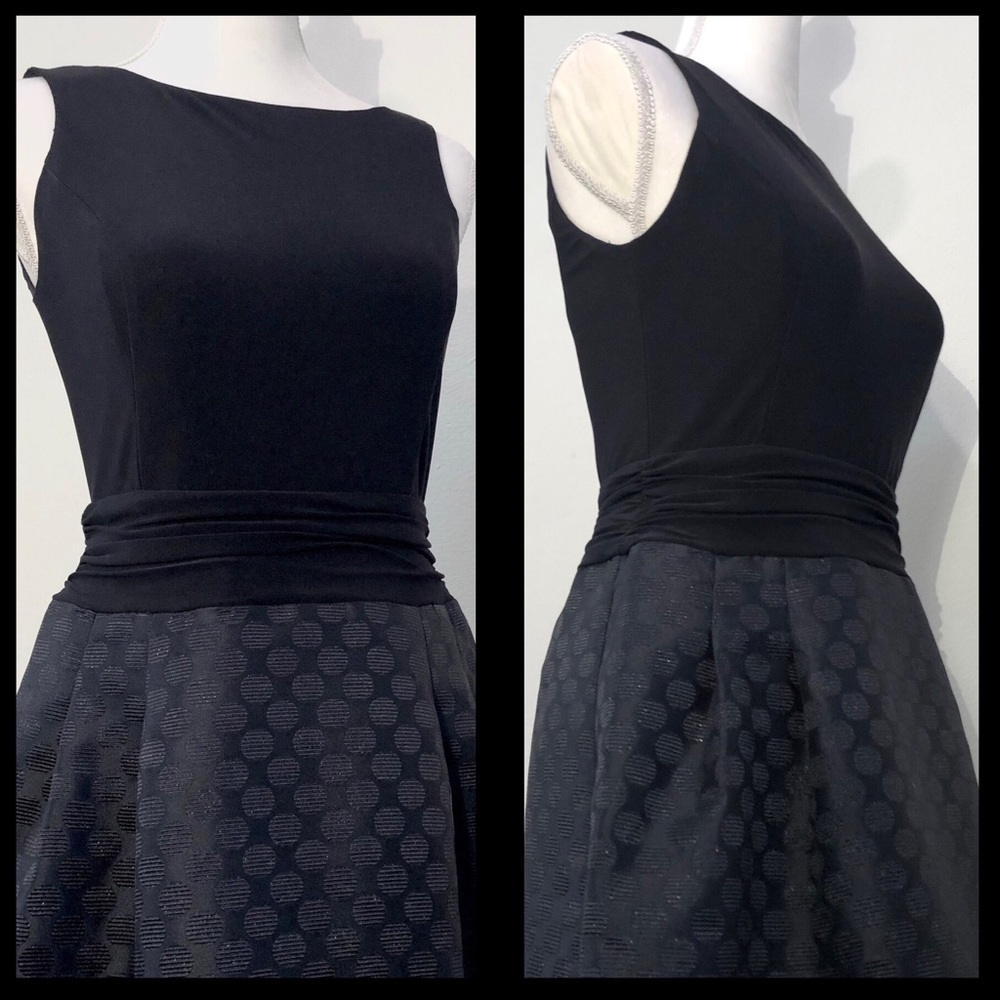 Midi cocktail dress black polkadot fit and flare